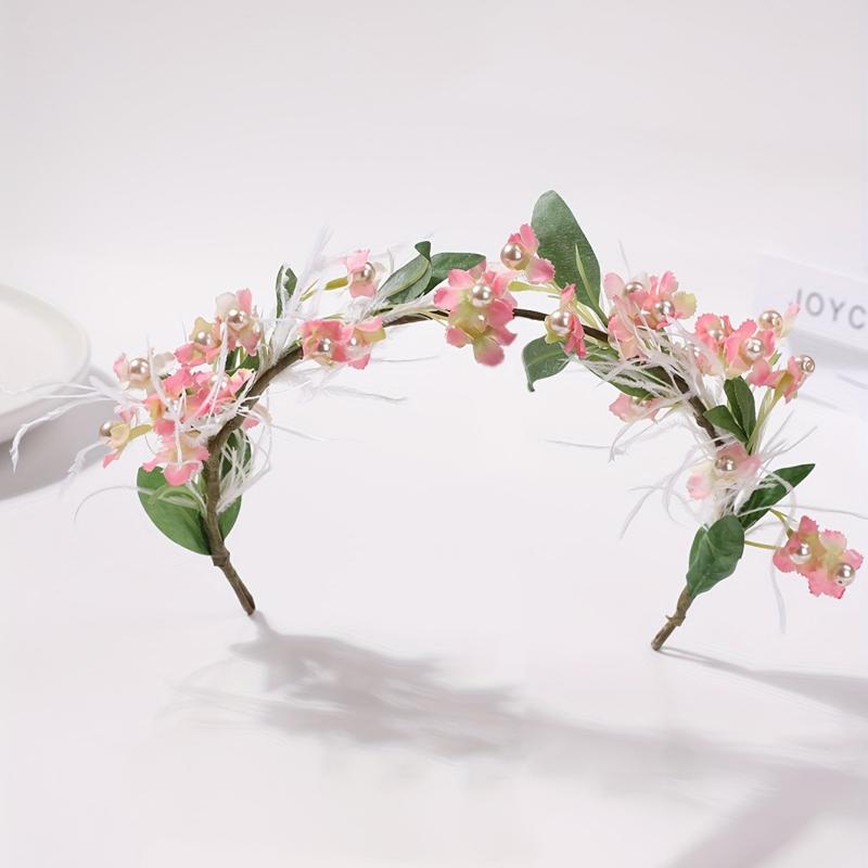 Faux Ostrich Decor Wreath Floral Tiara Headband for Wedding Party Girls