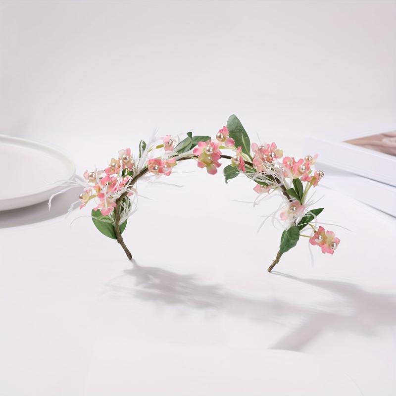 Faux Ostrich Decor Wreath Floral Tiara Headband for Wedding Party Girls