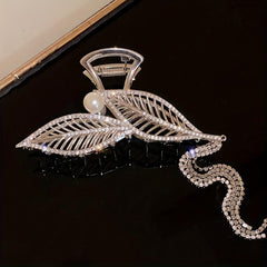 Metal Leaves Hair Claw With Rhinestone Tassel Ponytail Holder