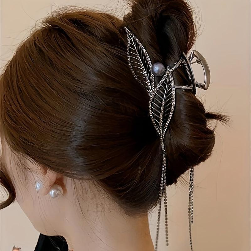 Metal Leaves Hair Claw With Rhinestone Tassel Ponytail Holder