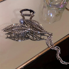 Metal Leaves Hair Claw With Rhinestone Tassel Ponytail Holder
