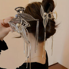 Metal Leaves Hair Claw With Rhinestone Tassel Ponytail Holder