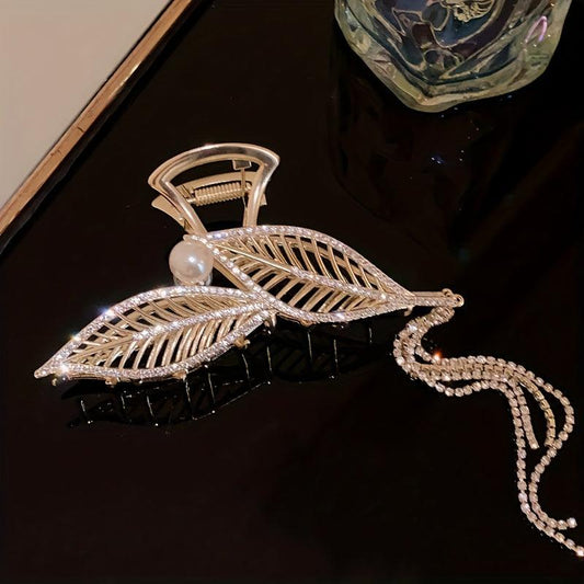 Metal Leaves Hair Claw With Rhinestone Tassel Ponytail Holder
