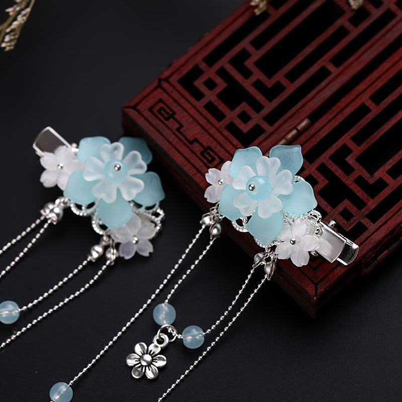 Hanfu Hairclip Vintage Crystal Beads Flower Tassels Hairpins