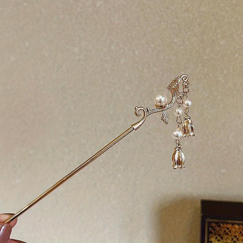 Vintage Hairpin With Faux Pearl Tassel Metal Hair Stick