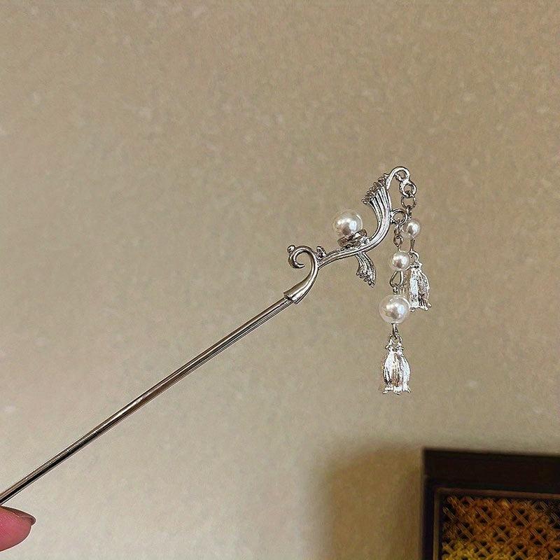 Vintage Hairpin With Faux Pearl Tassel Metal Hair Stick