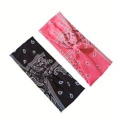 2pcs Boho Headband Stretchy Criss Cross Hair Band Sports Sweatband Paisley Print