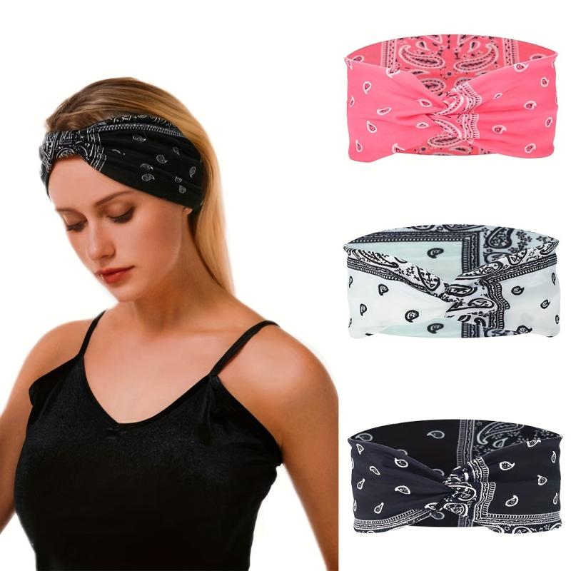 2pcs Boho Headband Stretchy Criss Cross Hair Band Sports Sweatband Paisley Print
