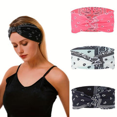 2pcs Boho Headband Stretchy Criss Cross Hair Band Sports Sweatband Paisley Print