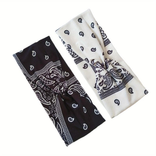 2pcs Boho Headband Stretchy Criss Cross Hair Band Sports Sweatband Paisley Print