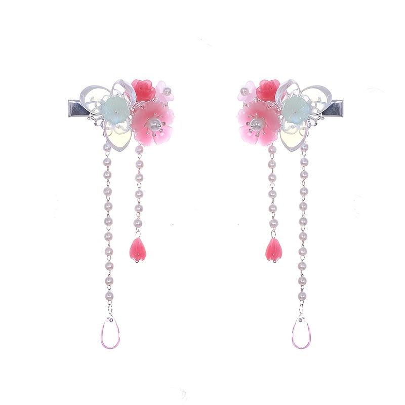Vintage Chinese Hanfu Hairclip Pearl Flower Leaf Tassel Barrette