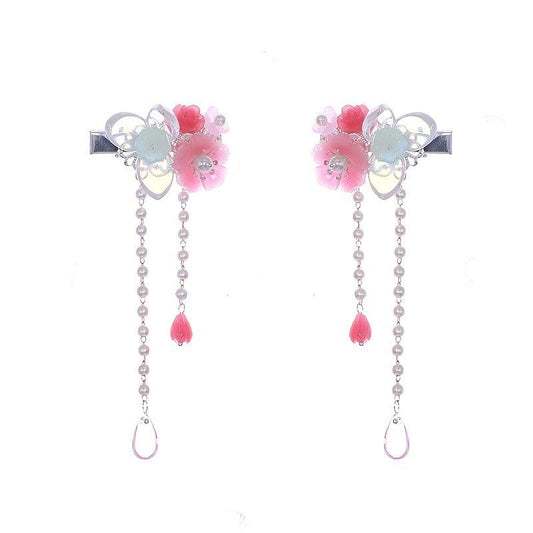 Vintage Chinese Hanfu Hairclip Pearl Flower Leaf Tassel Barrette