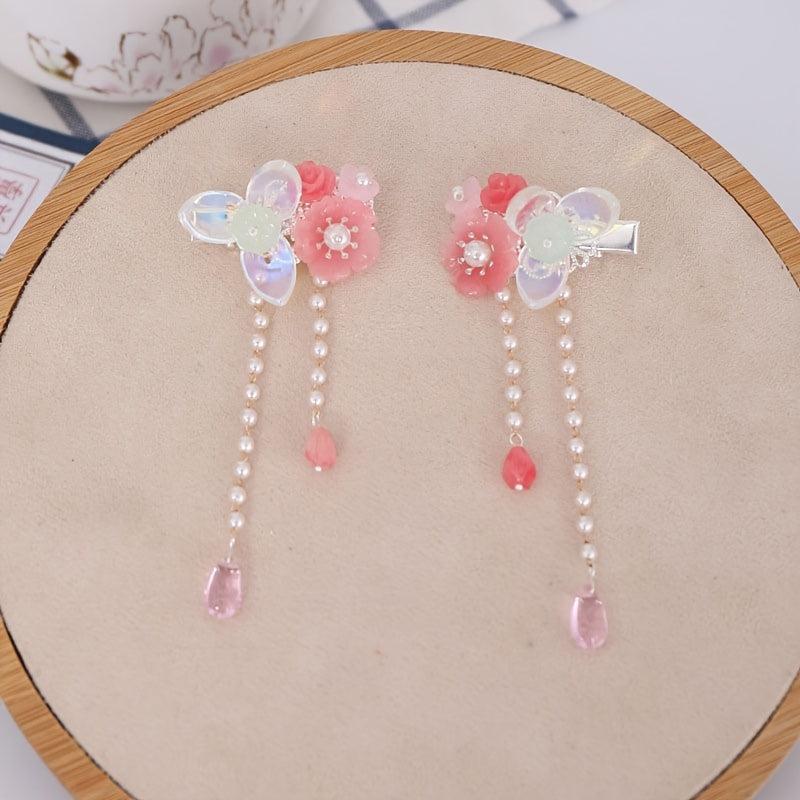 Vintage Chinese Hanfu Hairclip Pearl Flower Leaf Tassel Barrette