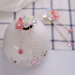 Vintage Chinese Hanfu Hairclip Pearl Flower Leaf Tassel Barrette