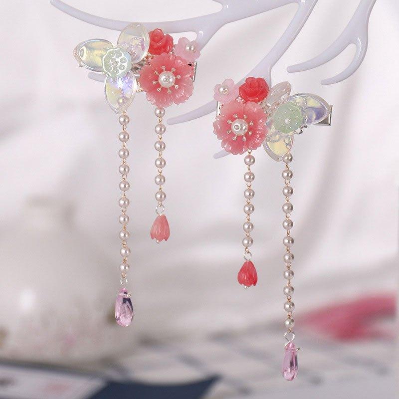 Vintage Chinese Hanfu Hairclip Pearl Flower Leaf Tassel Barrette
