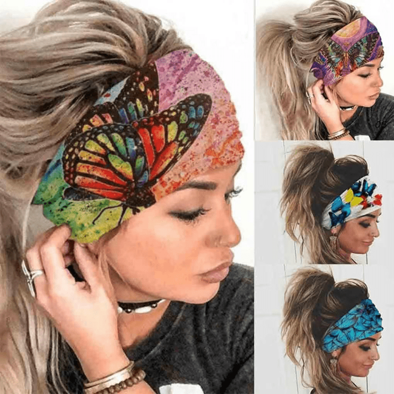 Boho Butterfly Print Wide Headband Elastic Head Wrap