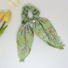 Floral Print Scarf Scrunchies Hair Tie with Faux Pearl Decor