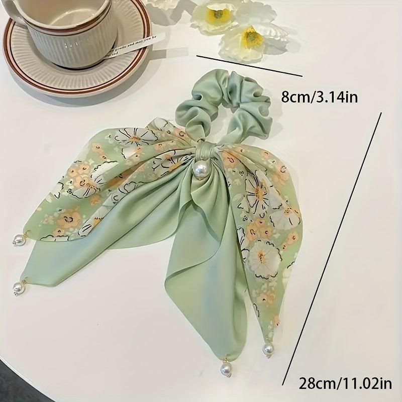 Floral Print Scarf Scrunchies Hair Tie with Faux Pearl Decor