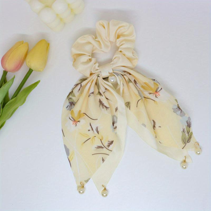 Floral Print Scarf Scrunchies Hair Tie with Faux Pearl Decor