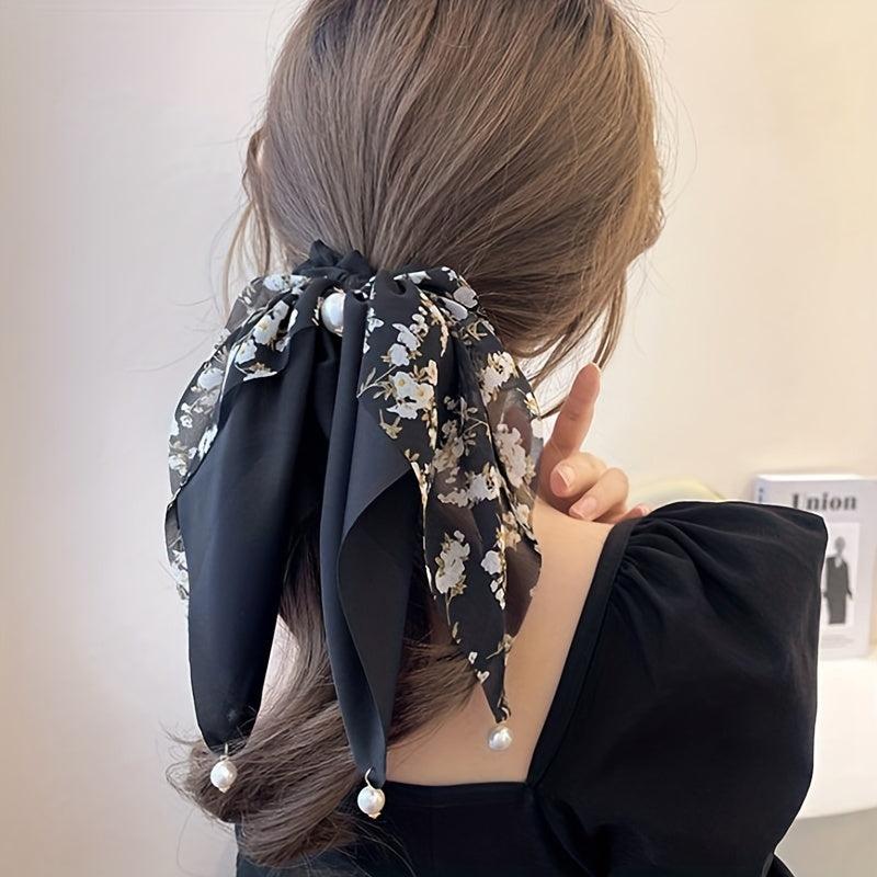 Floral Print Scarf Scrunchies Hair Tie with Faux Pearl Decor