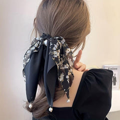 Floral Print Scarf Scrunchies Hair Tie with Faux Pearl Decor