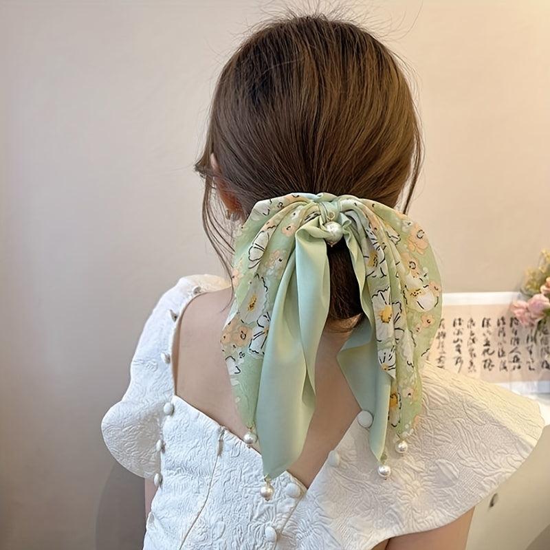 Floral Print Scarf Scrunchies Hair Tie with Faux Pearl Decor