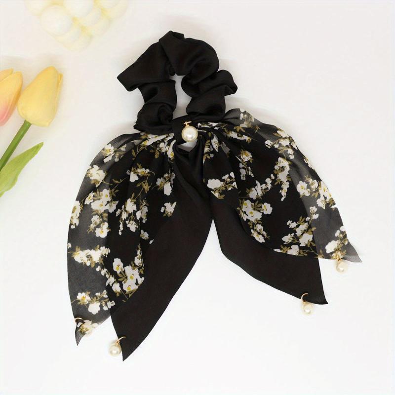 Floral Print Scarf Scrunchies Hair Tie with Faux Pearl Decor