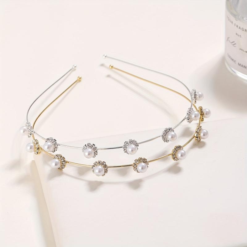 Faux Pearl Rhinestone Headband Style Head Hoop Alloy Hair Band