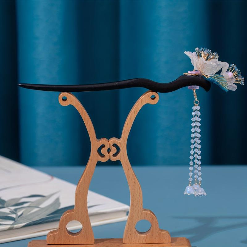 Antique Headdress Wooden Hairpin Beaded Tassel Dress Up Hairpin