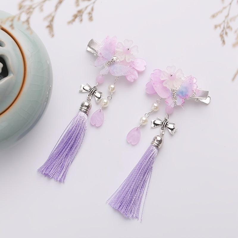 Chinese Hanfu Flower Headdress Tassel Butterfly Girl Fa