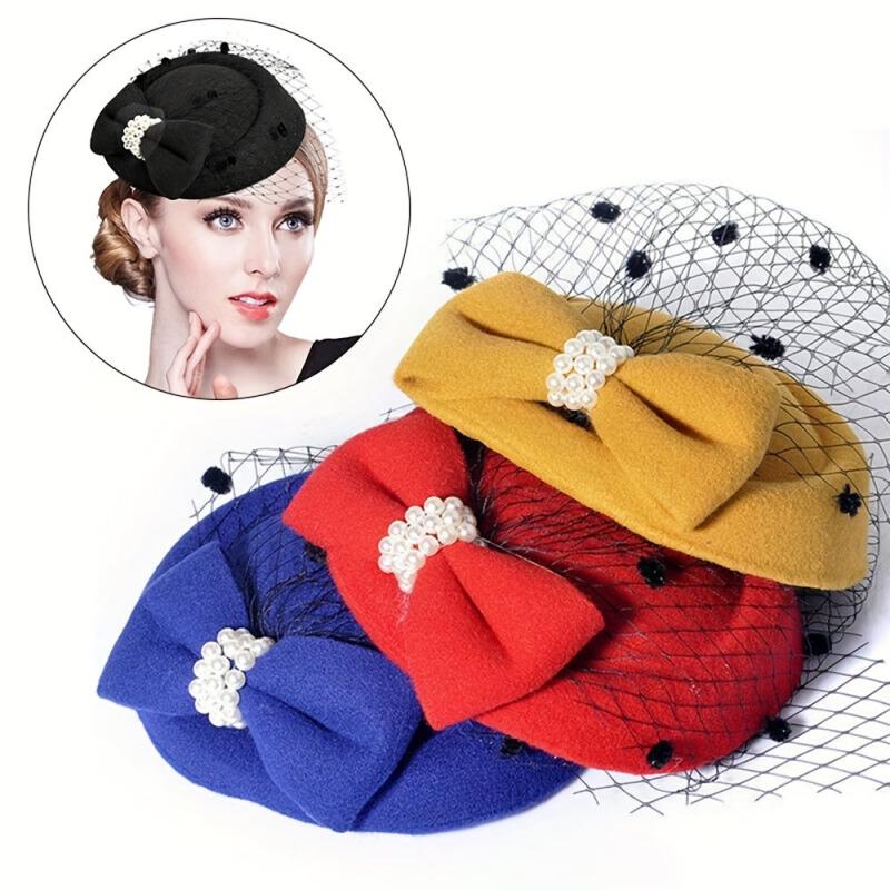 Vintage Fascinator Hair Pillbox Hat Bowknot Veil Cocktail Bridal Headdress
