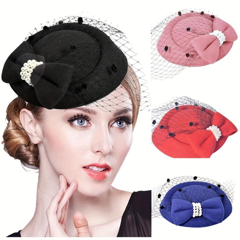 Vintage Fascinator Hair Pillbox Hat Bowknot Veil Cocktail Bridal Headdress