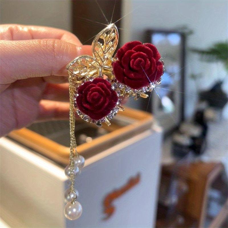 Faux Pearl Tassel Hair Clip Flower Rhinestone Gift