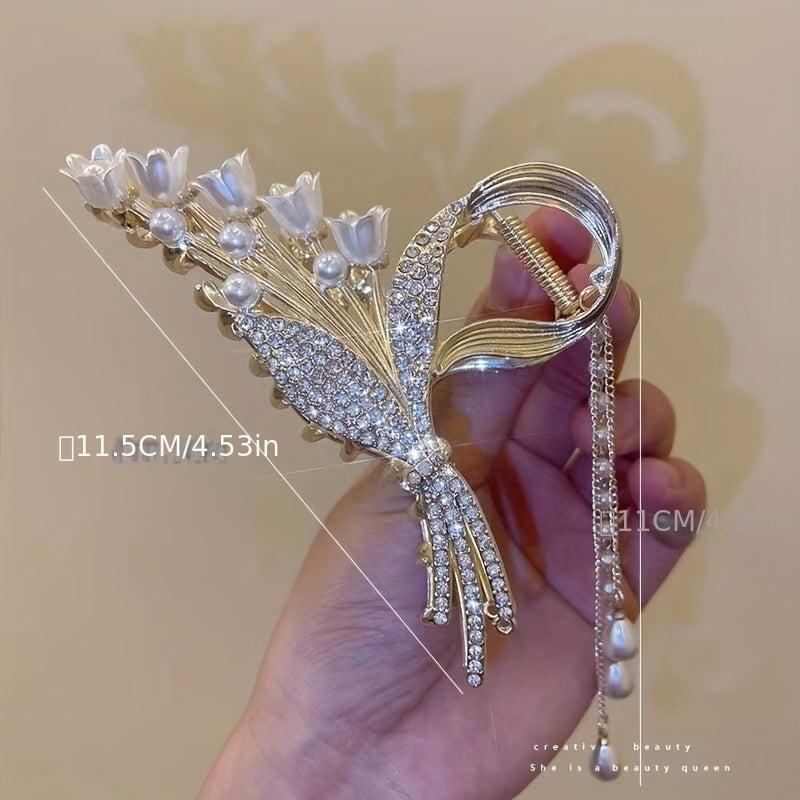 Faux Pearl Tassel Hair Clip Flower Rhinestone Gift