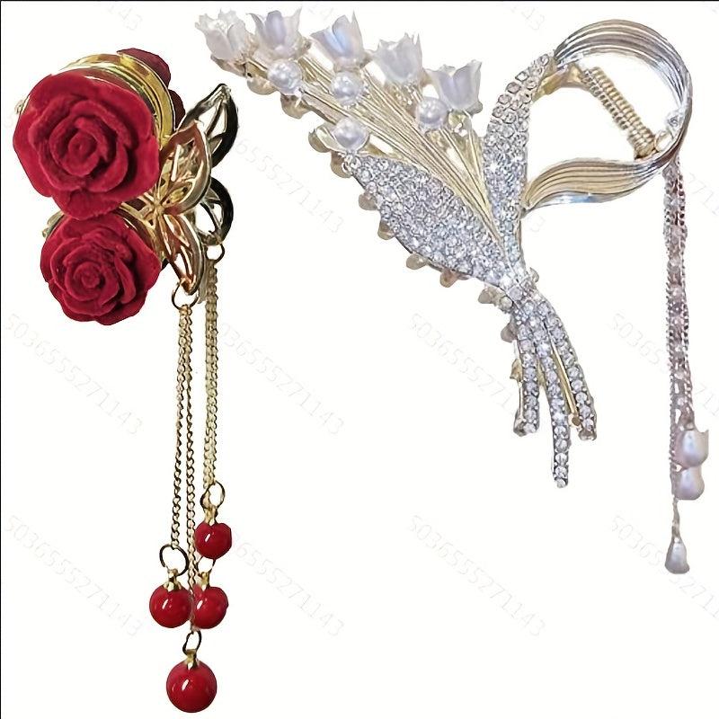 Faux Pearl Tassel Hair Clip Flower Rhinestone Gift