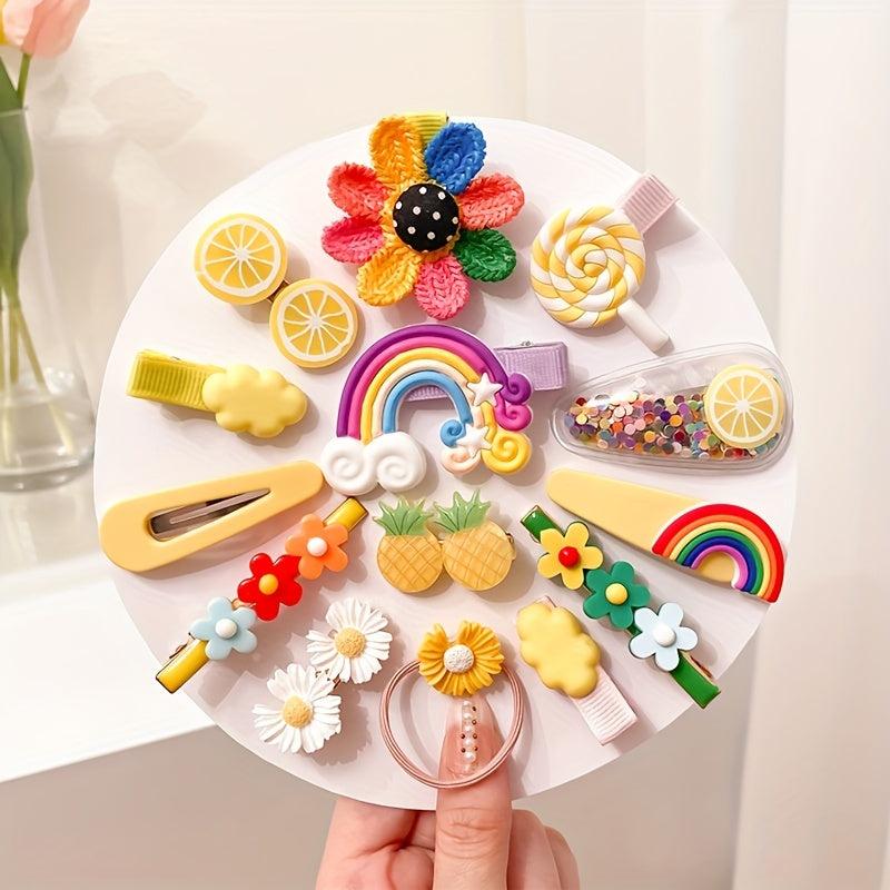14pcs Cartoon Hair Clip Baby Girls Duck Billed Clip Rainbow Flower Hair