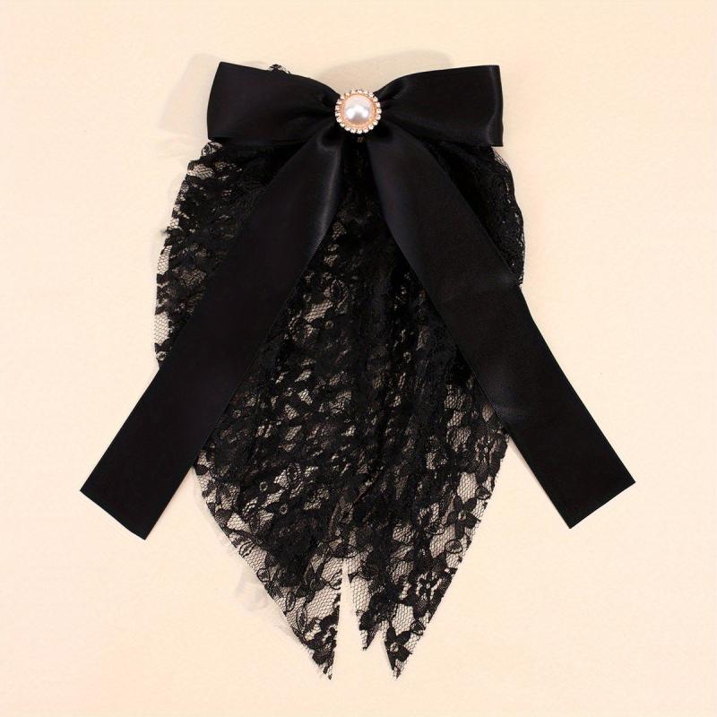 Long Lace Bow Barrette Faux Pearl Hair Clip for Women Girls
