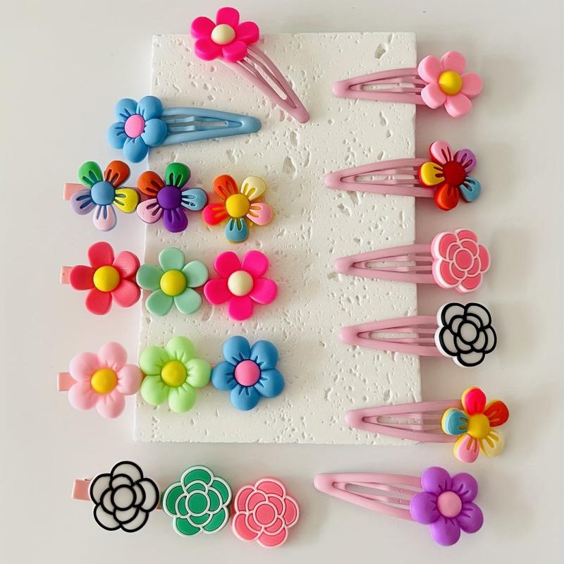 12pcs Baby Girls Snap Clip Cartoon Flower PVC Hair Clip