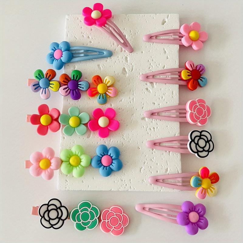 12pcs Baby Girls Snap Clip Cartoon Flower PVC Hair Clip