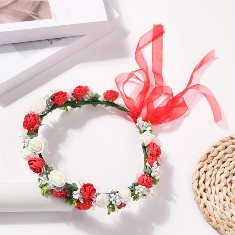 Red Flower Wreath Headband for Women Girls