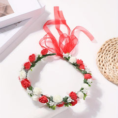 Red Flower Wreath Headband for Women Girls