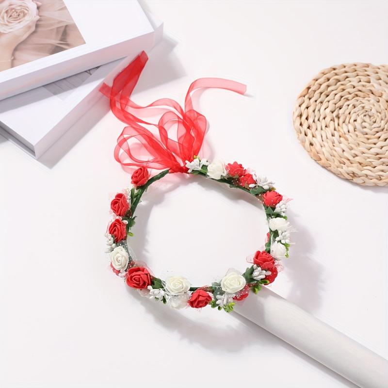 Red Flower Wreath Headband for Women Girls