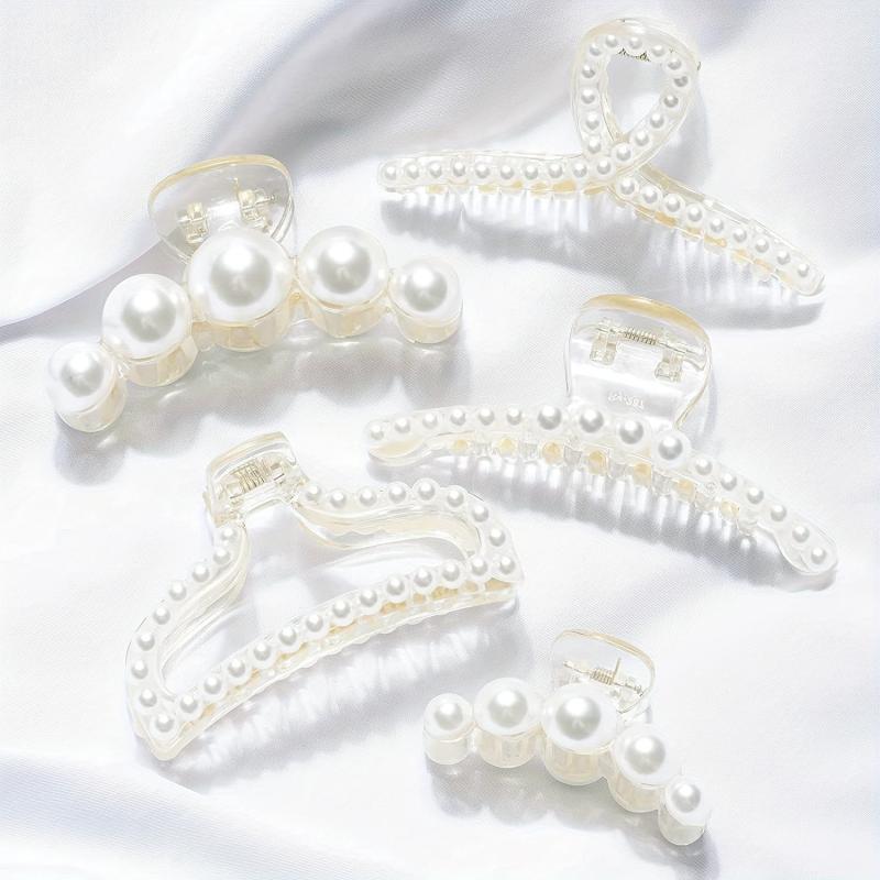 5 PCS Faux Pearl Hair Claw Large Shark Claw Head Jewelry Ponytail Holder