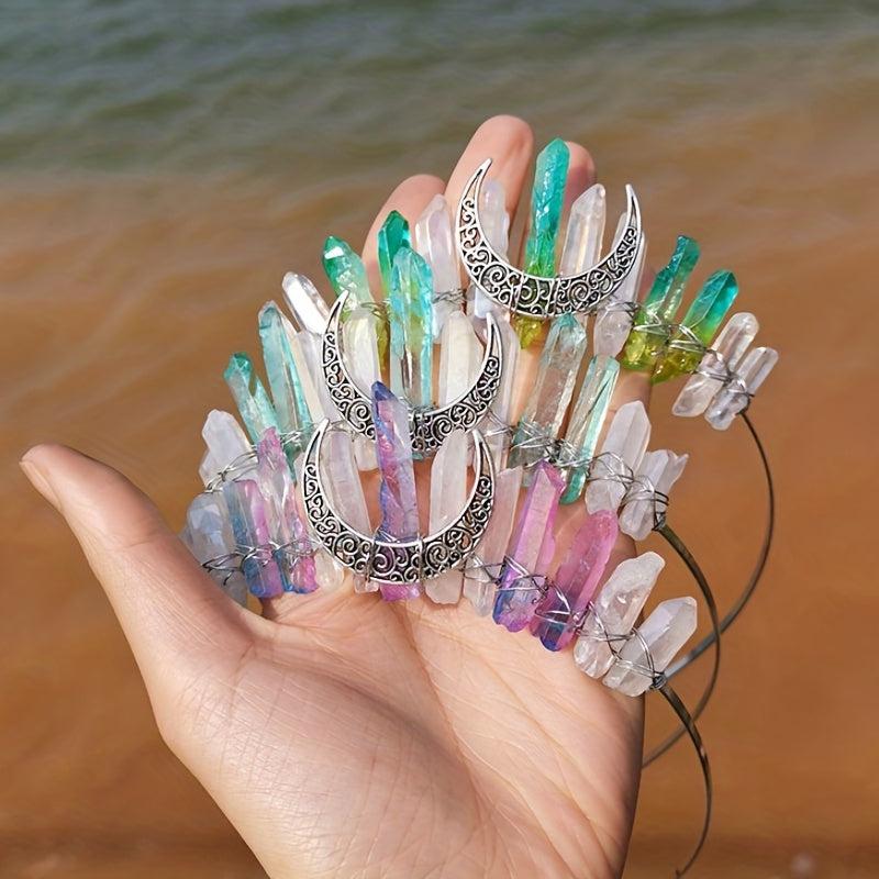 Moon Shape Crystal Crown Hairband Multicolored Hand-tied Bridal Headba