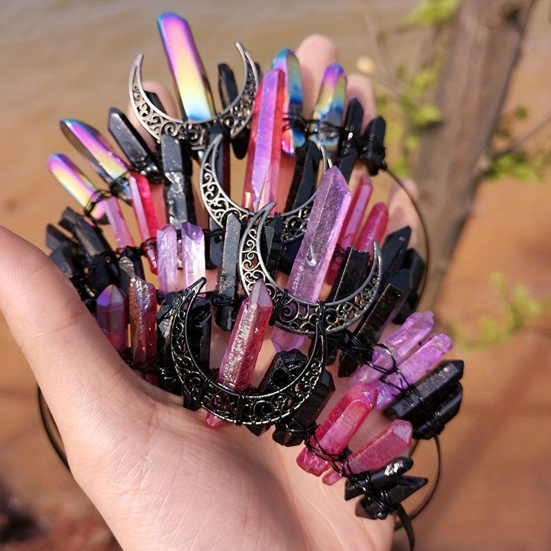 Moon Shape Crystal Crown Hairband Multicolored Hand-tied Bridal Headba