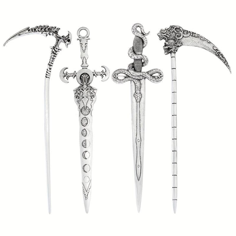 Witch Reaper Skull Hairpin Moon Sword Hair Stick Vintage Snake Sword Hair Clip