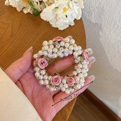 Faux Pearl Hair Tie Fabric Rose Decor Hair Rope Sweet Ponytail Holder