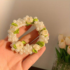 Faux Pearl Hair Tie Fabric Rose Decor Hair Rope Sweet Ponytail Holder