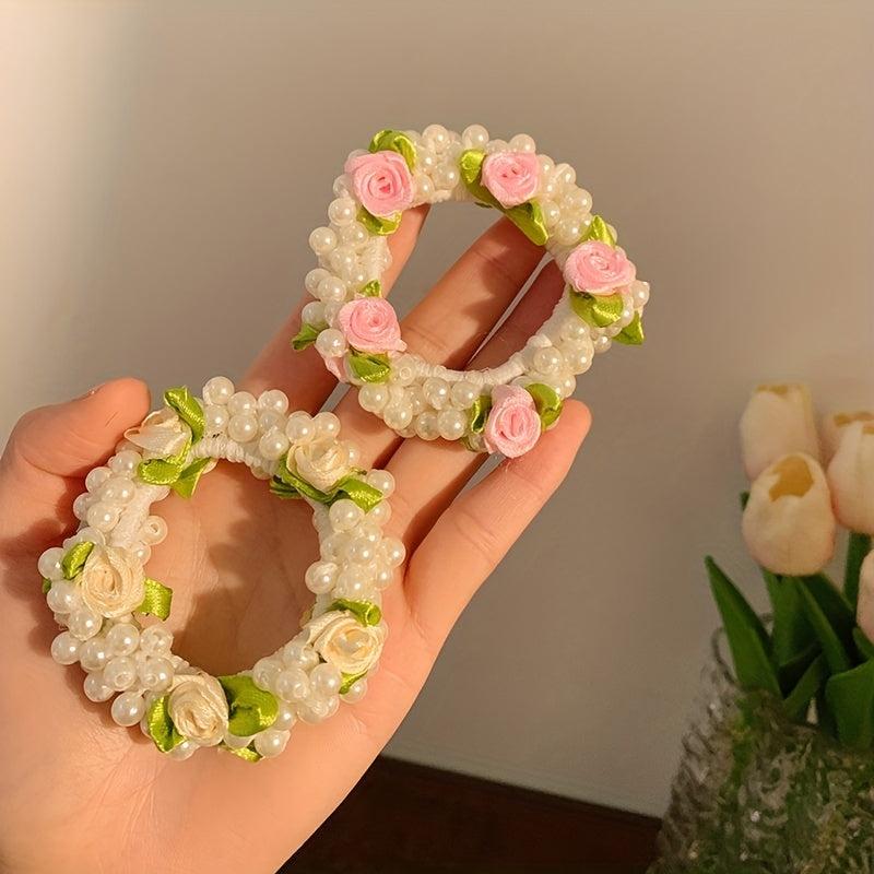 Faux Pearl Hair Tie Fabric Rose Decor Hair Rope Sweet Ponytail Holder