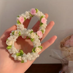 Faux Pearl Hair Tie Fabric Rose Decor Hair Rope Sweet Ponytail Holder